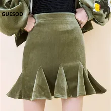 Guesod Для женщин юбка осень корейский сплошной Цвет вельвет бутон русалка юбка Универсальные женские короткая юбка