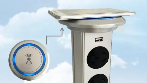 

Intelligent Wireless Charge Motorized Pop Up Power Outlet 2*power outlet + 1 charge USB aluminum shelf