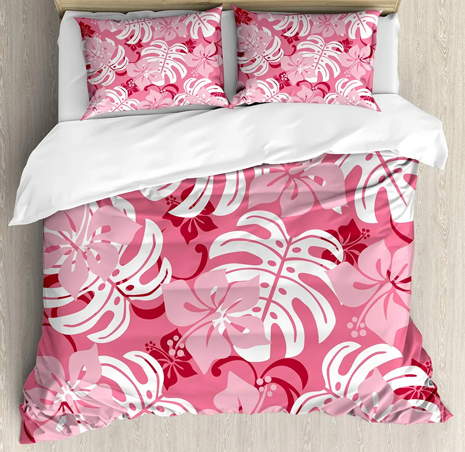 Luau Duvet Cover Set Hibiscus Flower with Monstera Leaves Rainforest