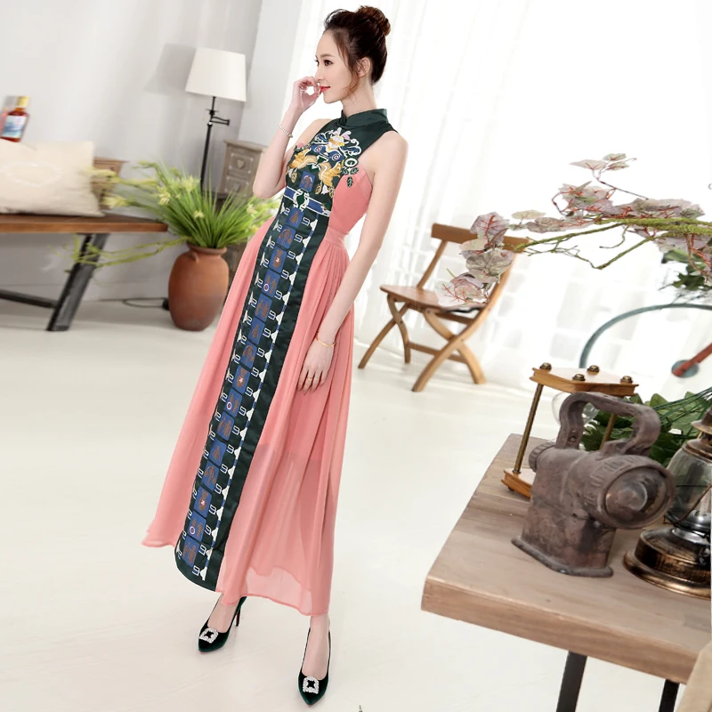 

High quality 2019 summer new fashion runway women maxi dress Stand collar Sleeveless Patchwork Cute Embroidery long dress