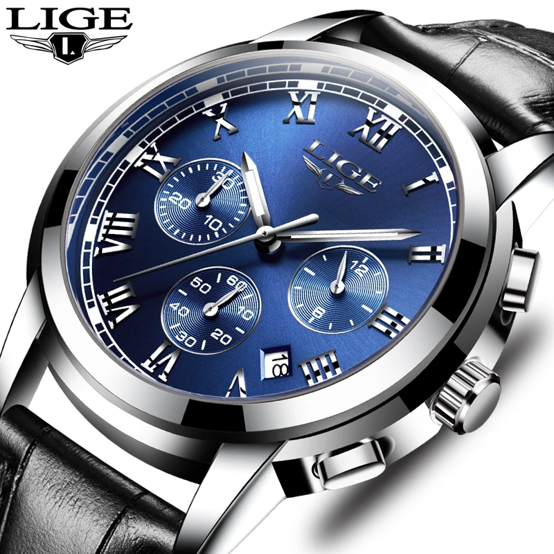 

Mens watches top brand LIGE luxury Chronograph Men Sports Quartz Watch Waterproof Leather Men's Wrist Watch Relogio Masculino