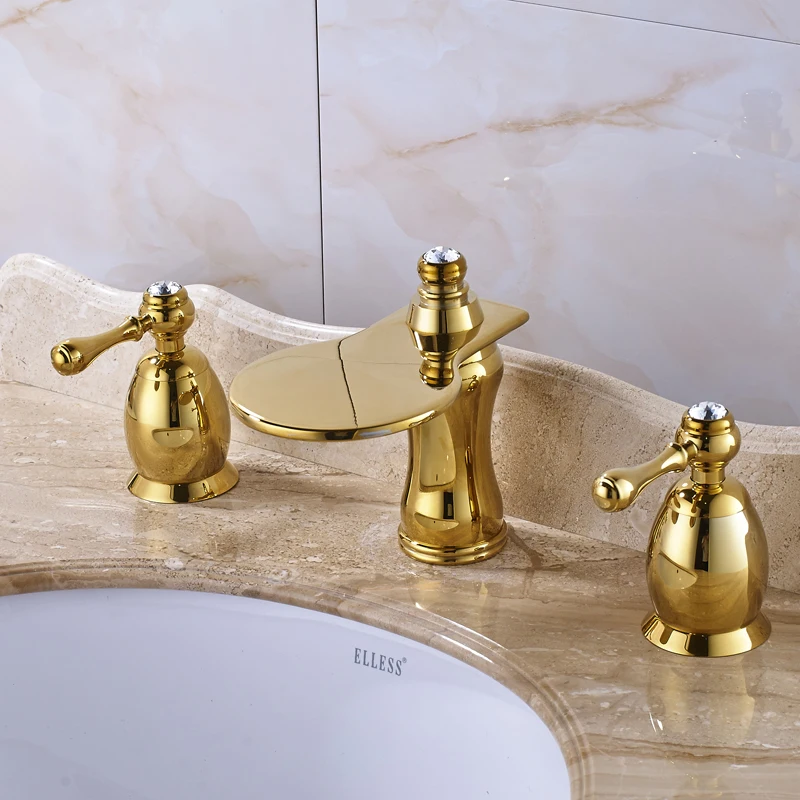 

Gold Polished Deck Mounted Widespread Bathroom Sink Faucet Mixer Tap With Double Handle