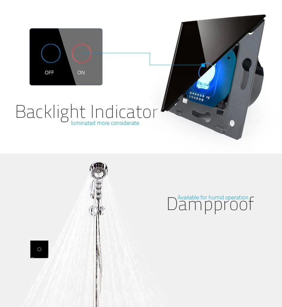 Сенсорный выключатель 1 комплект 1 способ Черный Водонепроницаемый Кристалл Стекло Настенные переключатели электрический, ЕС Великобритания сенсорный светильник переключатель VL-C301-62