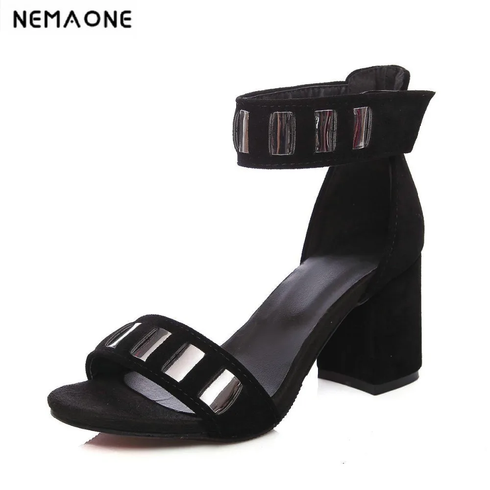 

New summer women shoes shiny ankle strap high heels shoes woman summer square heel women sandals large size 34-43