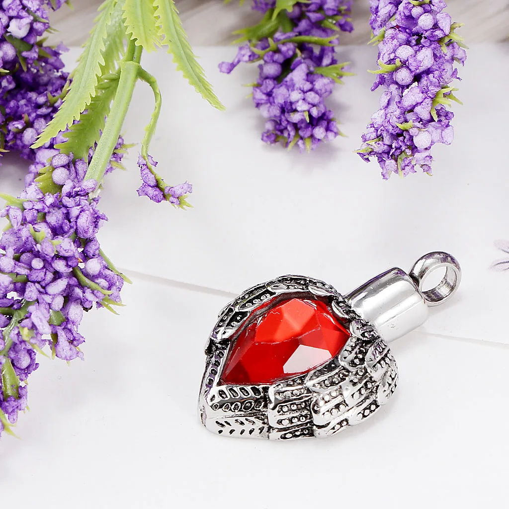 MagiDeal Faceted Gem Rhinestone Heart Stainless Steel Feathers Shape Urn Ash Pendant Cremation Charms
