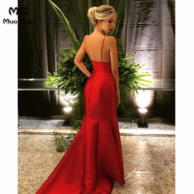 Spaghetti Straps V-neck Long Satin Prom Dresses Mermaid Evening Gowns4