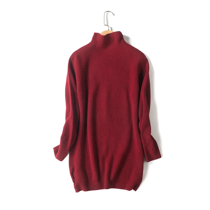 100%merino wool knit women fashion basics pullover sweater mid-long half-high collar claret 4color S/M/L wholesale retail | Женская