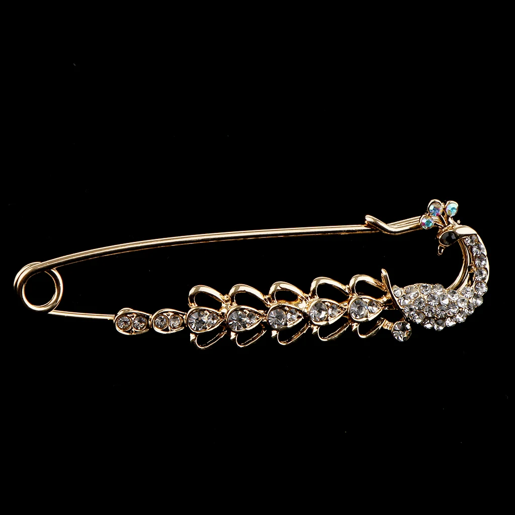 Phenove Crystal Peacock Safety Pin Brooches Clip for Ladies Scarf Cardigan Coat Gown Brooch Pin for Wedding Party