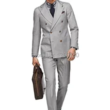 Шерсть, ручная работа, светло-серый, 2 предмета(куртка+ штаны), двойной, 6 пуговиц, широкий, заостренный лацкан, деловой костюм