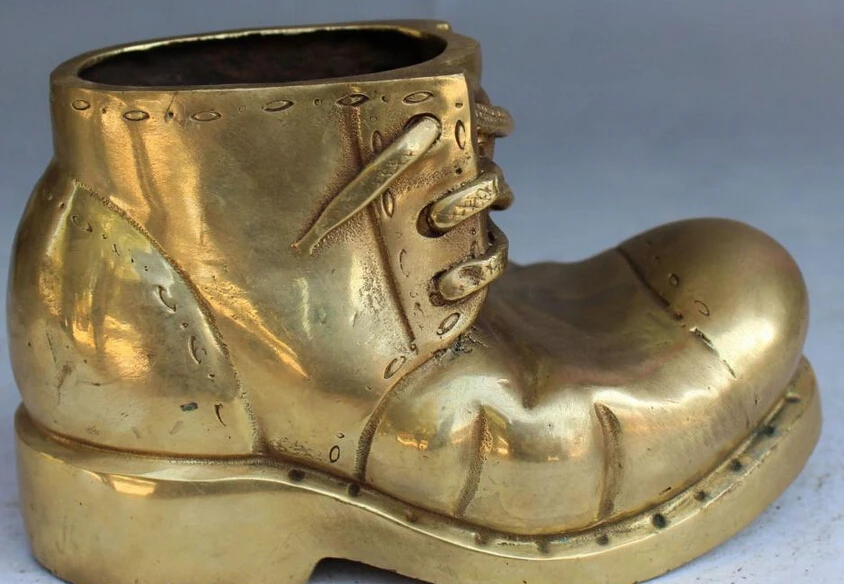 

7" Chinese Brass Carving Art Shoes Ratchet Statue Pencil Vase Brush Barrel Pot S0706