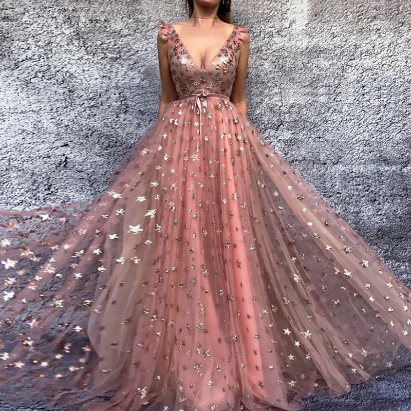 

Pink Muslim Evening Dresses 2019 A-line Deep V-neck Tulle Elegant Islamic Dubai Saudi Arabic Long Formal Evening Gown Prom Dress