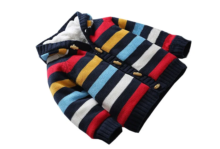 Полосатая плюшевая зимняя одежда для маленьких мальчиков свитер с капюшоном в европейском стиле для новорожденных модная однобортная теплая зимняя одежда для маленьких девочек