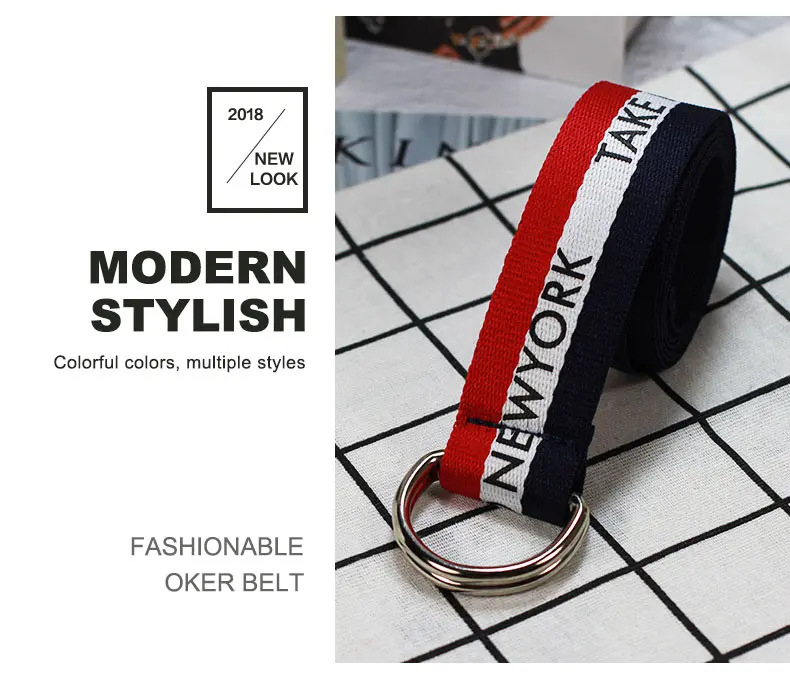 130cm Fashion Neutral Nylon Canvas Belt Printing English  D Ring Double Buckle Student Belt1 (3)