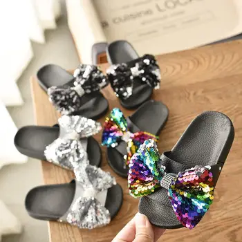 

3-14 Years Old Toddler Slippers Rubber Child Home Shoes Sequin Bow Princess Non-slip Slides for Girls Large Slipper Outdoor Shoe