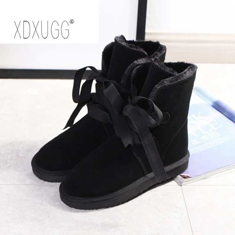 

2018 Lace leather tube snow boots straps bow non-slip winter boots 5828 leather thickening plus velvet boots cotton shoes XDXUGG