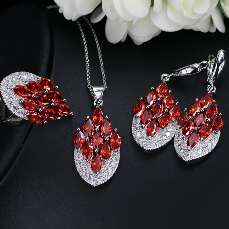 Najtaniej CWWZircons artystyczne Vintage Cubic cyrkon biżuteria kolorowe CZ kryształ 925 srebrny wisiorek obrączka naszyjnik zestaw kolczyków dla kobiet T001