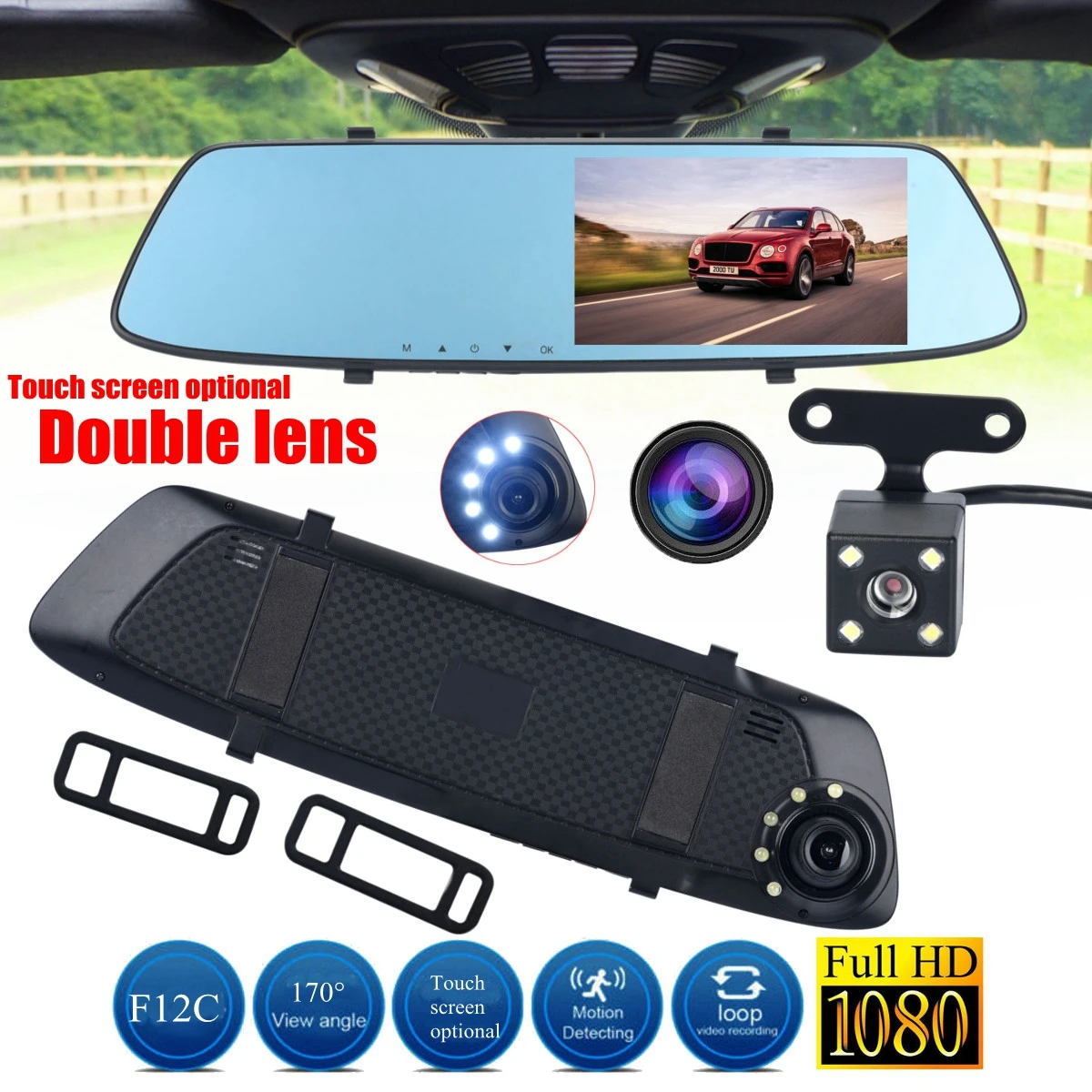 HD 1080P Dual Lens Rearview Mirror Camera Recorder Car DVR Dash Cam 4.3 Inch Vehicle Night