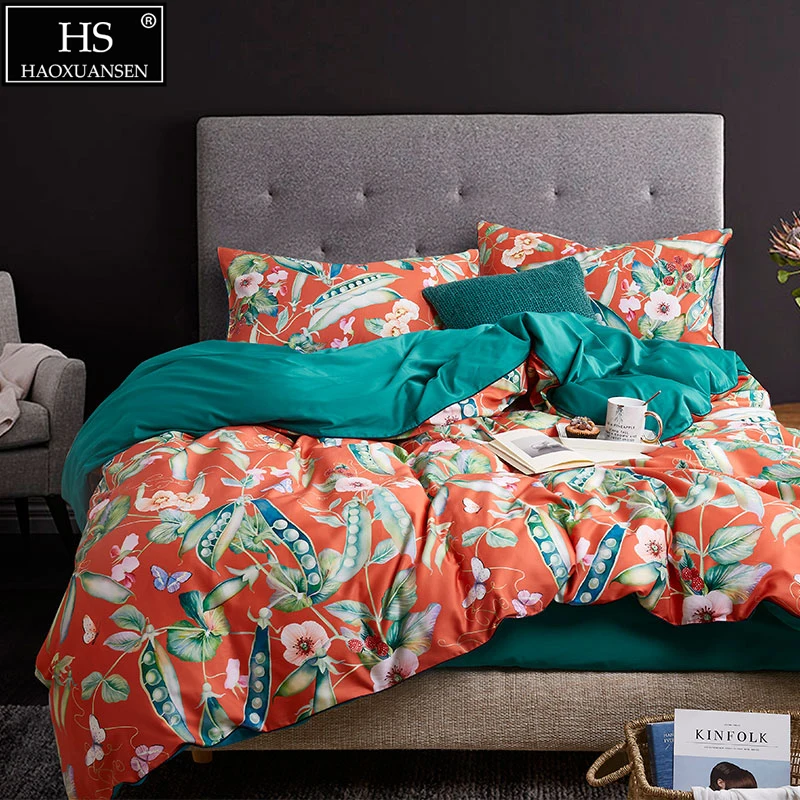 

HS Use lmported high-end suit fabric Egyptia cotton Tropical plant printing 4Pcs bedding comforter set Comforter set