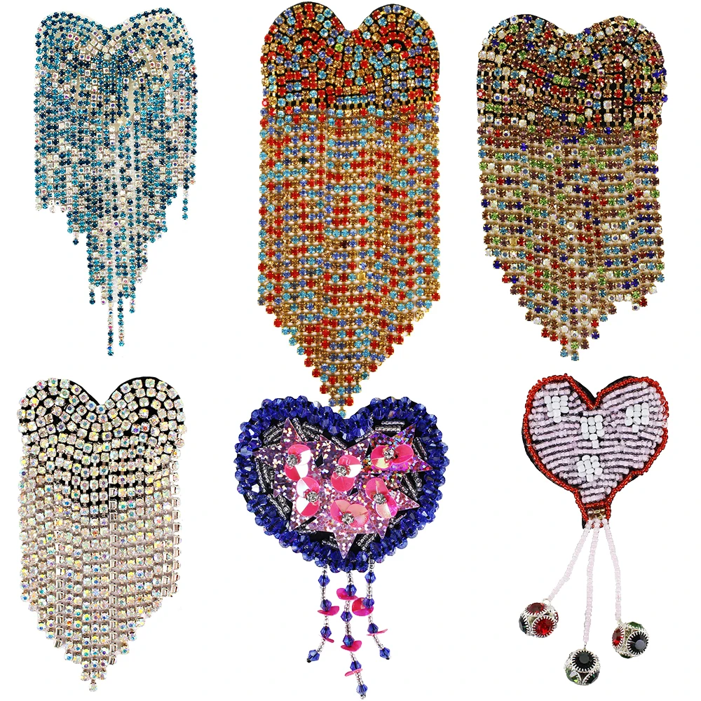 

Shiny Heart Tassel Beaded Rhinestone Patches for Clothing Bag Hats DIY Crystal Fringe Sewing on Beading Sequin Diamond Applique