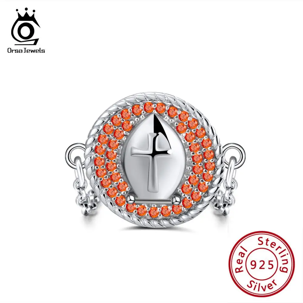 

ORSA JEWELS Genuine Silver Women Round Rings Red Stone AAA CZ Link Chain Finger Ring Sterling Silver 925 Jewelry Anillos OSR112