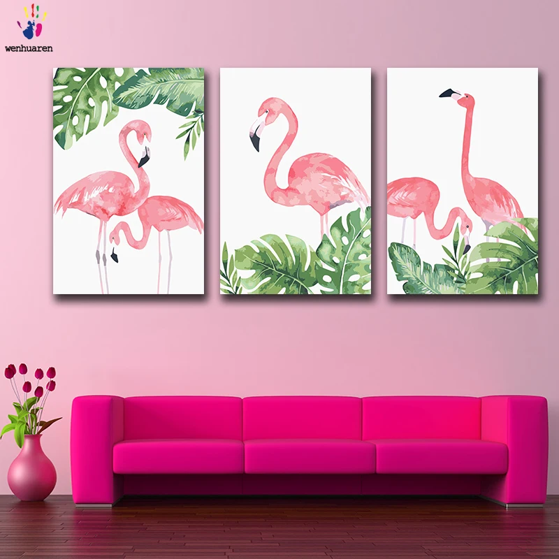 DIY цветные картины по номерам с цветами Фламинго Картина Рисунок Живопись по номерам рамка домашний декор три части