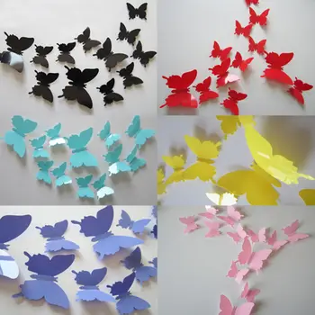 

12pcs Hot Wonderful Art Design Decal Wall Sticker Home Decor Black blue red yellow Room Decorations 3D Butterfly wedding decor