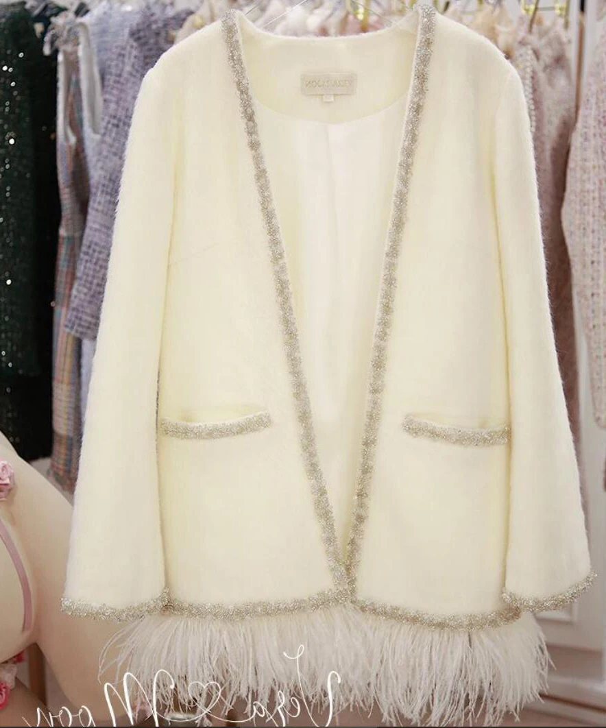 

KENVY Brand fashion women's high-end luxury winter mohair tassel white pearl cardigan coat