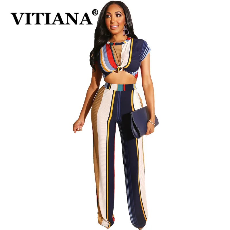 

VITIANA Women Sexy Two Pieces Sets Summer 2019 Female Short Tops Short Sleeve Pants Elasticity Striped Casual Womens Outfits