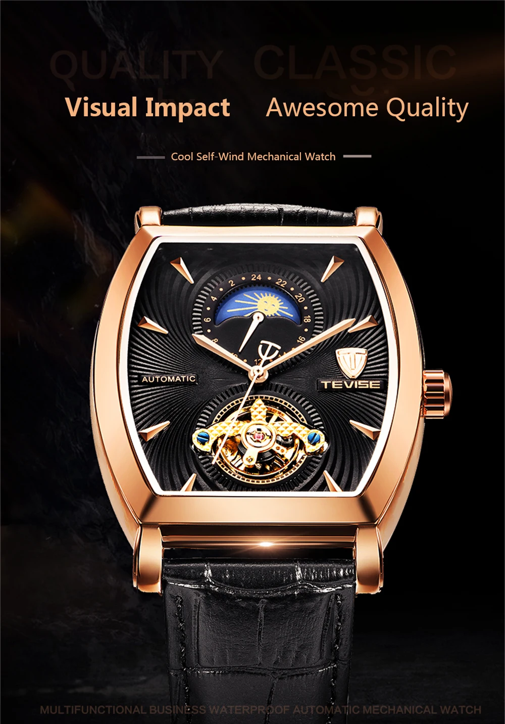 TEVISE Mens Watches Tonneau Moon Phase Automatic Watch Waterproof Self-Wind Mechanical Wristwatches Leather Strap + Box 8383D (13)