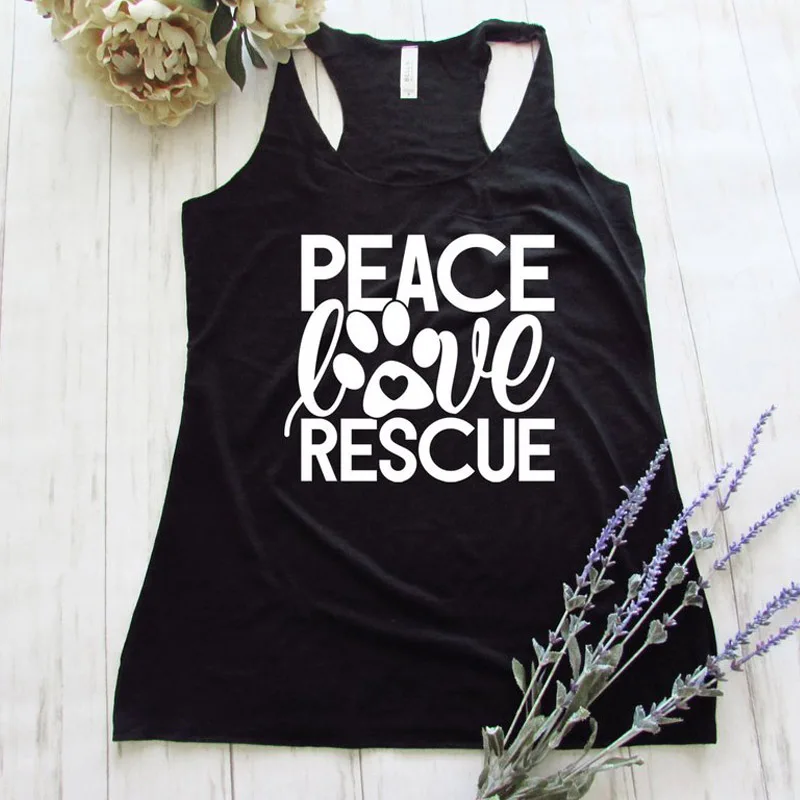 

Funny Vest Shirt Ladies Black Gym Workout Tanks Peace Love Rescue Paw Print Tank Tops Summer Sleeveless Racerback Tumblr Graphic