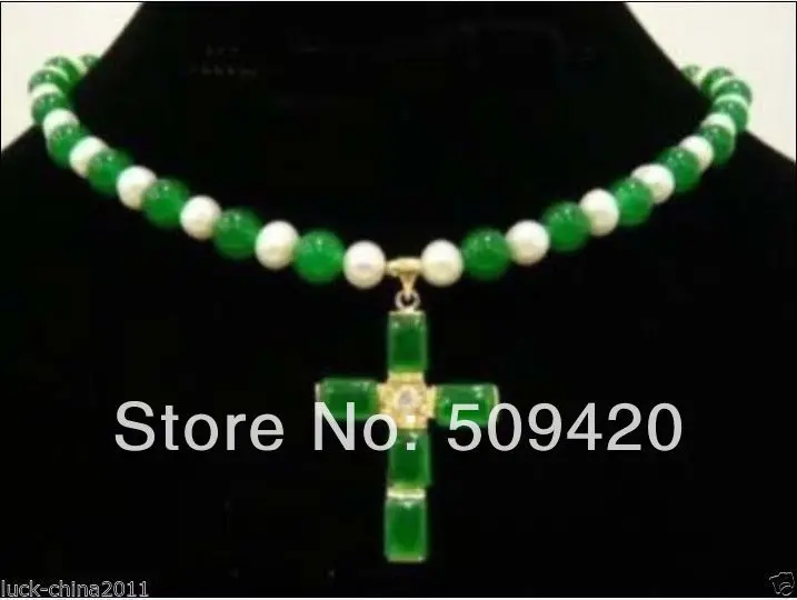 

Free Shipping WholesaleWhite Pearl Green Jade Cross Pendant Necklace,18''