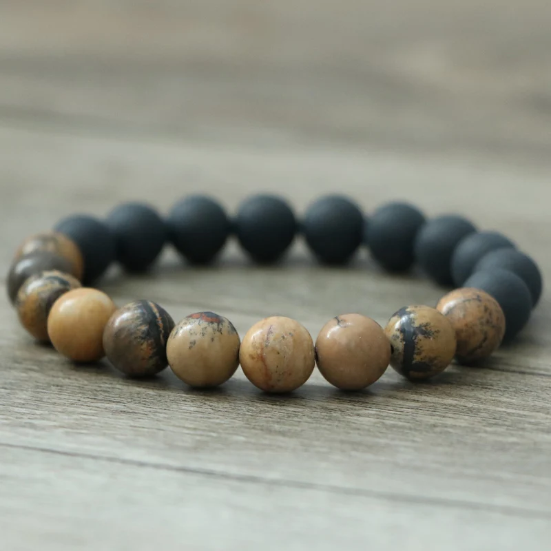 

EDOTHALIA 10MM Antique Natural Stone&Matte Black Onyx Bead Bracelet For Men Male Friendship Stretched Wrap Bracelets Men Jewelry