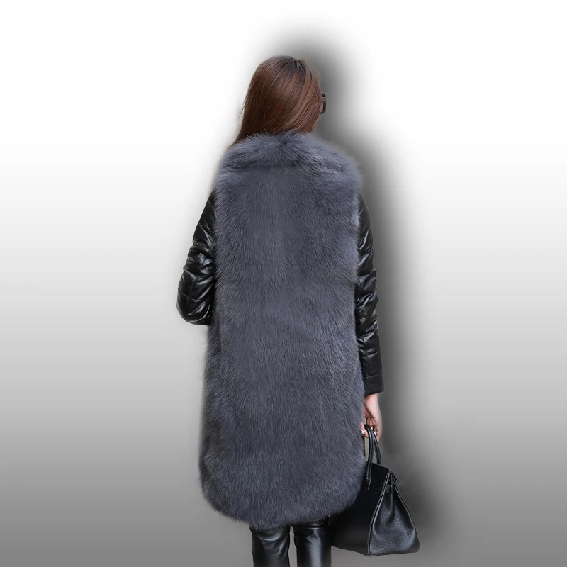 Women's Real Fur Coat Fox Fur with Removable Sleeves Down Filled Genuine Leather Coat gl0002