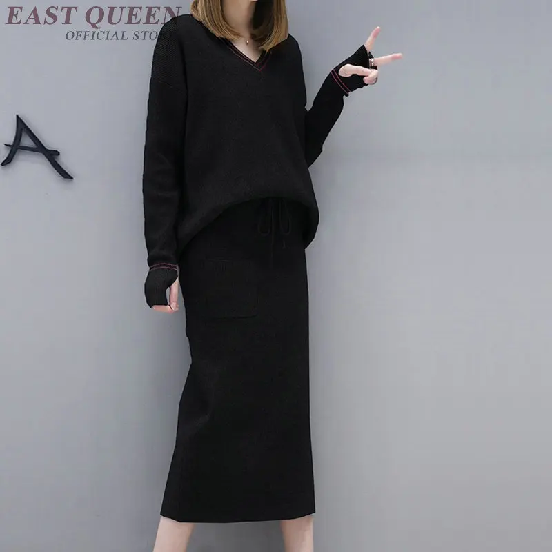 Ternos para Mulheres Vestido de Camisola de Manga Conjunto de Roupas Pullover de Decote em v de Duas Adapte para as Mulheres Primavera Outono Novo Comprida Peças se Dd310 f 2021 2 Cheap Terninho com saia