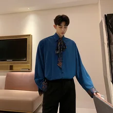 Мужская винтажная модная повседневная свободная черная синяя белая рубашка с длинным рукавом, вечерние рубашки с галстуком-воротником, Мужская весенняя одежда