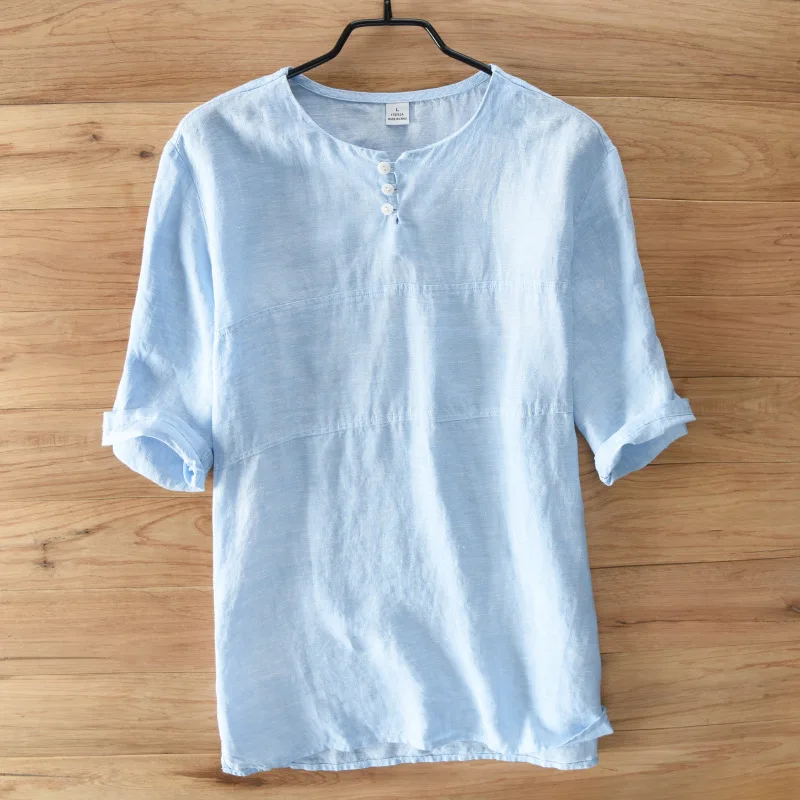 New High Quality Summer Tee Shirt Homme Slim Linen T-shirt Men