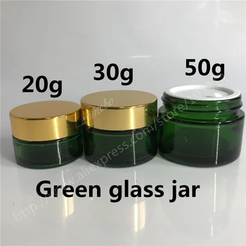 

Hot sale 100pcs/lot 20G,30G, 50G Green Glass Jar, Glass Container, Cosmetic Packaging, Glass Cream Jar with Gold Lid