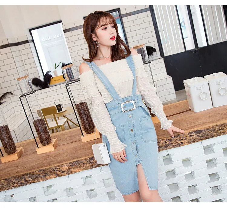 Women'S Skirt High Waist Suspender Denim Skirts With Sashes Spring Summer Elastic Student Jumper Overall Skirts Female