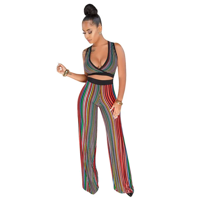 Cheap 2018 New Women Stripe 2 Piece Set Sleeveless Short Top   Wide Leg Pants Sexy Outfit Striped Deep V-Neck Long Two-Piece Suit