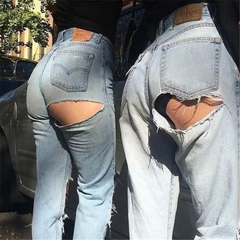 

High waist buttocks hole fashion loose young sexy ladies fringed denim trousers