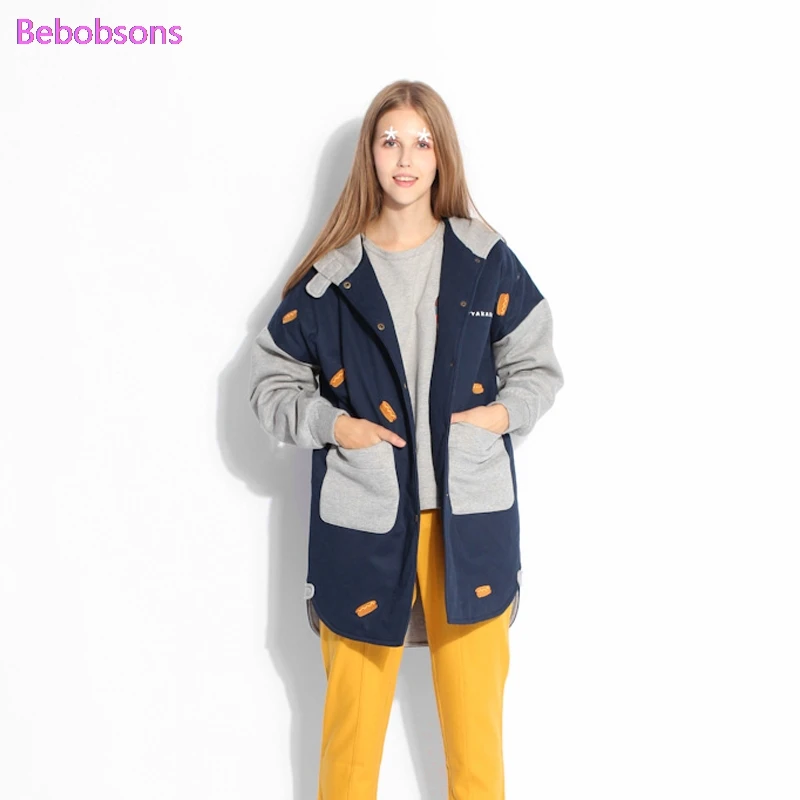 Broderie Chaude Manteaux Splice D'hiver Coton Outwear Épaisse 2017 Lâche Chien Parkas À Chaud Longue Capuchon Bleu Paded Femelle Femmes Nouvelles Veste pzq8Pzx