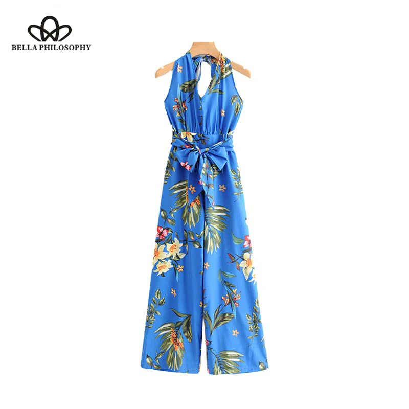 

sexy floral print jumpsuits halter backless sleeveless rompers bow tie sashes casual chic playsuits 2019 NEW summer heydress