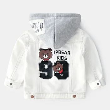 

Toddler Boys White Denim Jackets Children Spring Clothes Hooded Windbreaker Cartoon Bear Suit Kids Outerwear for 2 4 6 7 8 Years