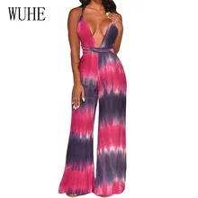 WUHE Sexy Deep V-neck Behind Cross Straps Wide-leg Jumpsuit Elegant Sleeveless Open Back Tie-dyed Printed Bandage Retro Rompers mock neck tie open back flare leg jumpsuit