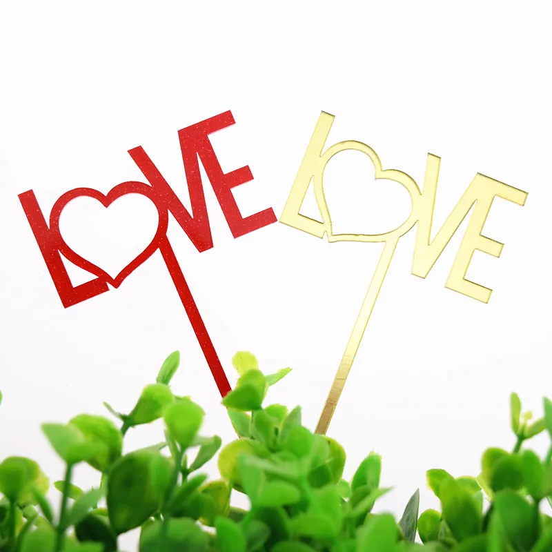 

1pc Love Cake Flag Cupcake Topper Gold Red Acrylic Diamond Ring Love Heart Bowtie Cake Flags Wedding Party Cake Baking Decor