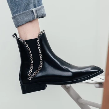 

Women ankle boots Genuine Leather 22-25 cm Popular in Europe and America Metal sequins locomotive Chelsea boots Cool all match