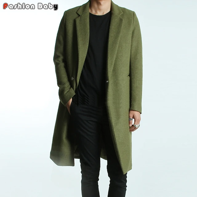 Ems Faux Fur Lining Men Trench Coat With Hood Winter Warm Long Men S Green Woolen Trench Coats Slim Fit Brand Fashion British Style Windbreaker Overcoat Autumn Winter