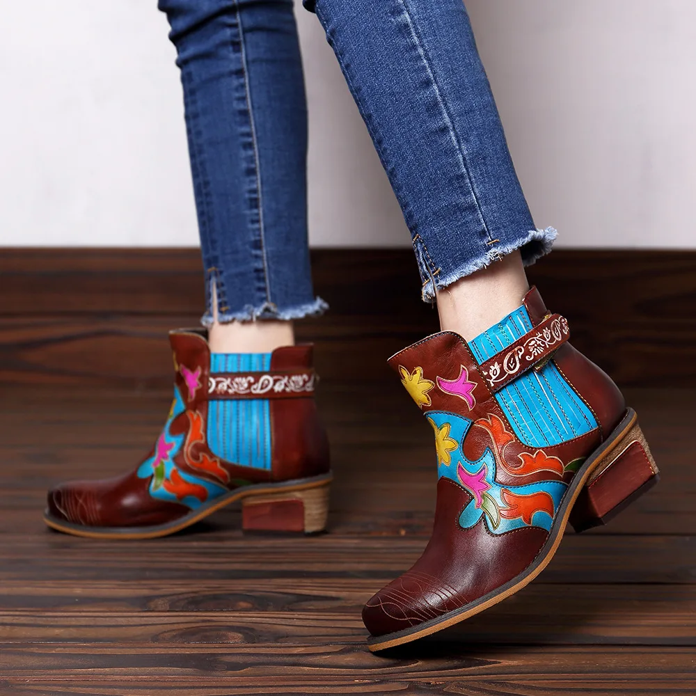 Осенне-зимние женские ботинки с цветочным принтом; эластичные теплые ботильоны из флока; модные женские ботинки в стиле ретро; женская обувь