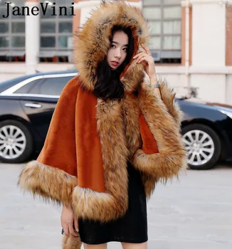 

JaneVini Winter Faux Fur Woman Bolero with Hood Burgundy Black Hooded White Wedding Bolero Fur Hat Bridal Wraps Cloak Shrug Cape