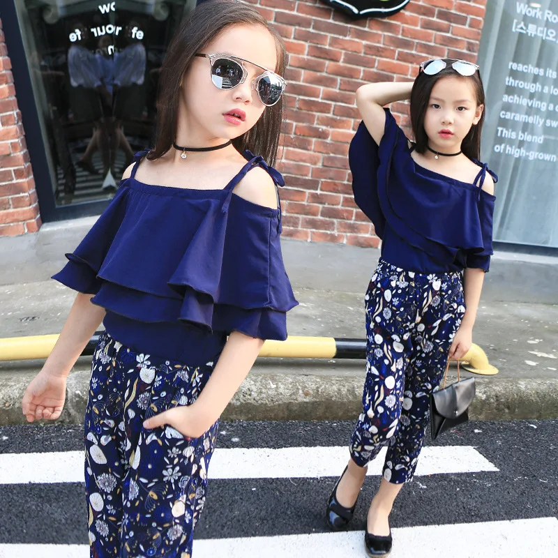 

Teenage Girls clothing sets Fashion butterfly lace dew shoulder t-shirt Blouse + flower leggings Party Two Piece set dress